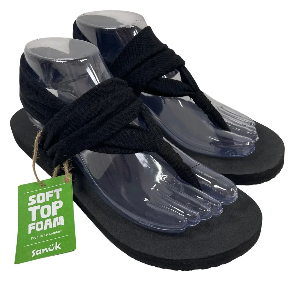Sanuk Sling ST Women 8 Black Soft Top Foam Yoga Sling Sandals 1124153 BLK NEW